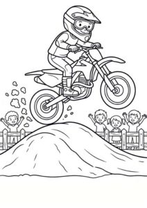 Kostenloses Ausmalbild mit Motocrossfahrer auf einem springenden Motorrad, Hügelstrecke, Zaun und jubelnden Kindern im Hintergrund
