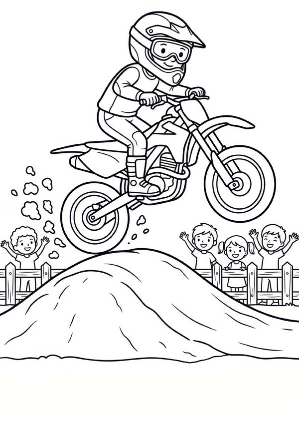 Kostenloses Ausmalbild mit Motocrossfahrer auf einem springenden Motorrad, Hügelstrecke, Zaun und jubelnden Kindern im Hintergrund