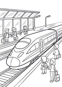 Kostenloses Ausmalbild mit Schnellzug am Bahnhof, Reisenden mit Koffern, Bahnsteig und Gleisen im Hintergrund