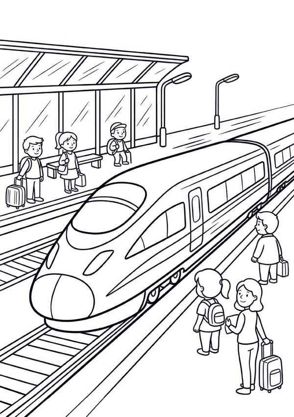 Kostenloses Ausmalbild mit Schnellzug am Bahnhof, Reisenden mit Koffern, Bahnsteig und Gleisen im Hintergrund