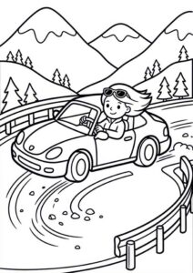 Kostenloses Ausmalbild mit Sportwagen auf einer kurvigen Bergstraße, Fahrerin, Leitplanke, Bergen und Tannen im Hintergrund