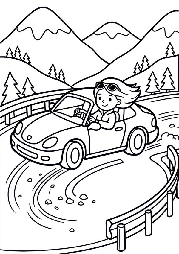 Kostenloses Ausmalbild mit Sportwagen auf einer kurvigen Bergstraße, Fahrerin, Leitplanke, Bergen und Tannen im Hintergrund