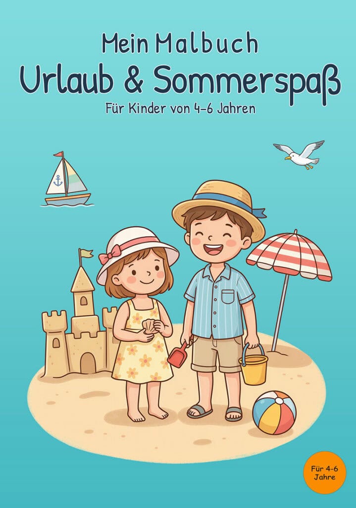 Cover des Buches Mein Malbuch Urlaub & Sommerspaß für Kinder von 4 bis 6 Jahren mit zwei Kindern am Strand, Sandburg, Sonnenschirm und Segelboot