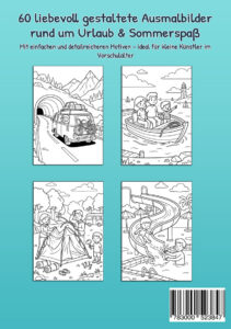 Rückseite von Mein Malbuch Urlaub & Sommerspaß mit vier Beispielbildern von Reisebus, Boot, Camping und Wasserrutsche