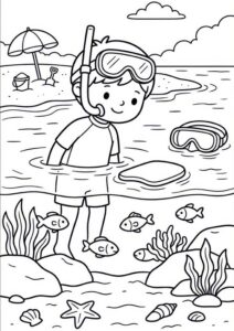 Kostenloses Ausmalbild mit Kind beim Schnorcheln im Meer, kleinen Fischen, Wasserpflanzen, Muscheln und Strand im Hintergrund