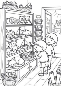 Kostenloses Ausmalbild mit Kindern in einem Souvenirladen, Muscheln, Teddybären, Spielzeugbooten, Postkarten und schlafender Katze