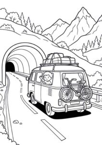 Kostenloses Ausmalbild mit Wohnmobil auf einer Bergstraße, Fahrrad am Heck, winkendem Kind, Tunnel und Bergen im Hintergrund