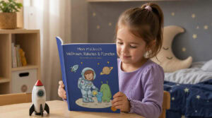 Mädchen schaut in das Buch Mein Malbuch Weltraum, Raketen & Planeten in einem Kinderzimmer mit Rakete und Mondkissen