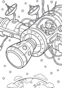 Kostenloses Ausmalbild mit Astronaut im Raumschiff, Satellitenschüsseln, Sternen und Erde im Hintergrund