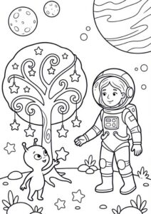 Kostenloses Ausmalbild mit Kind im Astronautenanzug, kleinem Außerirdischen, Sternenbaum, Planeten und Monden im Hintergrund