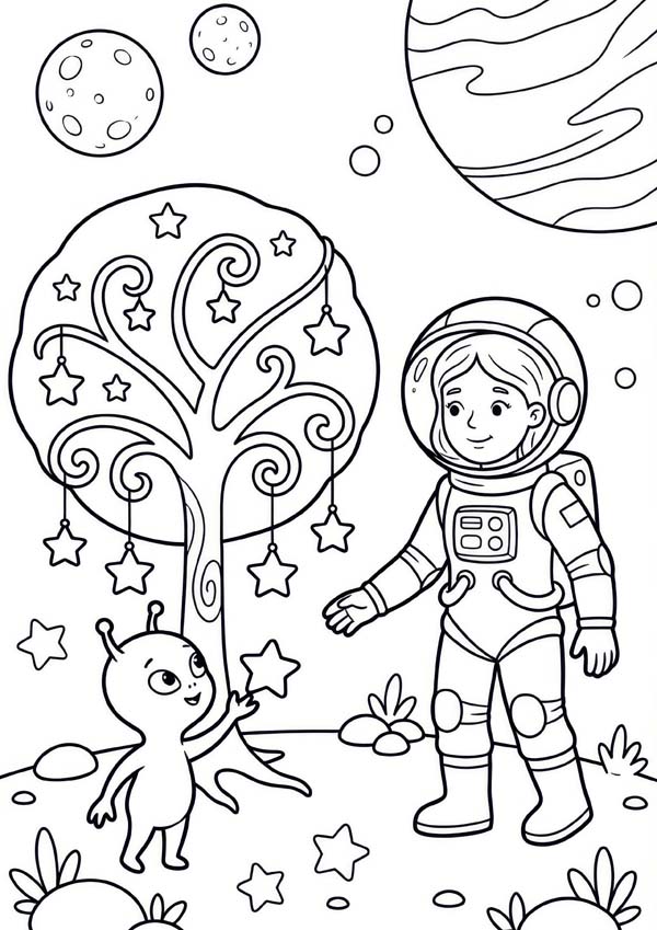 Kostenloses Ausmalbild mit Kind im Astronautenanzug, kleinem Außerirdischen, Sternenbaum, Planeten und Monden im Hintergrund