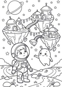 Kostenloses Ausmalbild mit Astronaut, freundlichem Außerirdischen, schwebendem Weltraumdorf, Sternen und Ringplanet im Hintergrund
