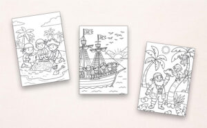 Drei Beispielseiten aus dem Piraten-Malbuch mit Schatzsuche, Piratenschiff und Dschungelabenteuer zum Ausmalen