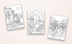 Drei Beispielseiten aus einem Ritter-Burgen-und-Drachen-Malbuch mit König, Ritter, Drache und Turnier als Ausmalbilder für Kinder