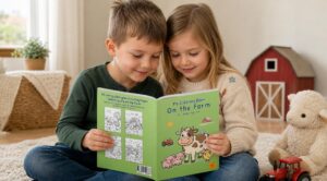 Two children look through My Coloring Book: On the Farm on a rug beside a plush sheep, a toy barn, and a red toy tractor