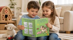 Due bambini tengono aperto Il mio libro da colorare In fattoria in soggiorno, accanto a un fienile giocattolo, un agnello di peluche e un trattore rosso.