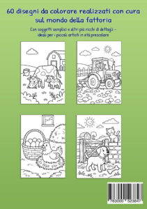 Retro verde di Il mio libro da colorare In fattoria con quattro esempi: una mucca con il vitellino vicino al fienile, un trattore nel campo, una gallina con un cestino di uova, un cane e un gatto accanto a un cancello.