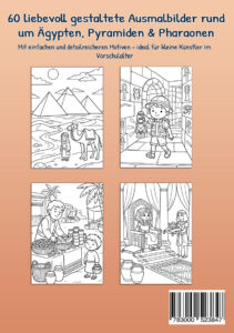 Rückseite von „Mein Malbuch Ägypten, Pyramiden & Pharaonen“ mit Ausmalbildern von Pyramiden, Grabkammer, Markt und Pharao