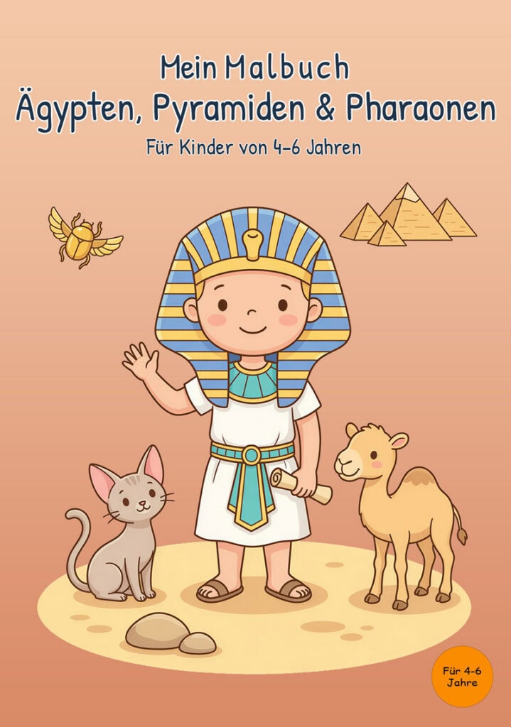 mein-malbuch-aegypten-pyramiden-pharaonen-cover-vorderseite Cover von „Mein Malbuch Ägypten, Pyramiden & Pharaonen“ mit Pharao, Katze, Kamel, Skarabäus und Pyramiden
