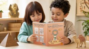 Zwei Kinder betrachten „Mein Malbuch Ägypten, Pyramiden & Pharaonen“ neben einer Spielzeugpyramide und einem Kamel