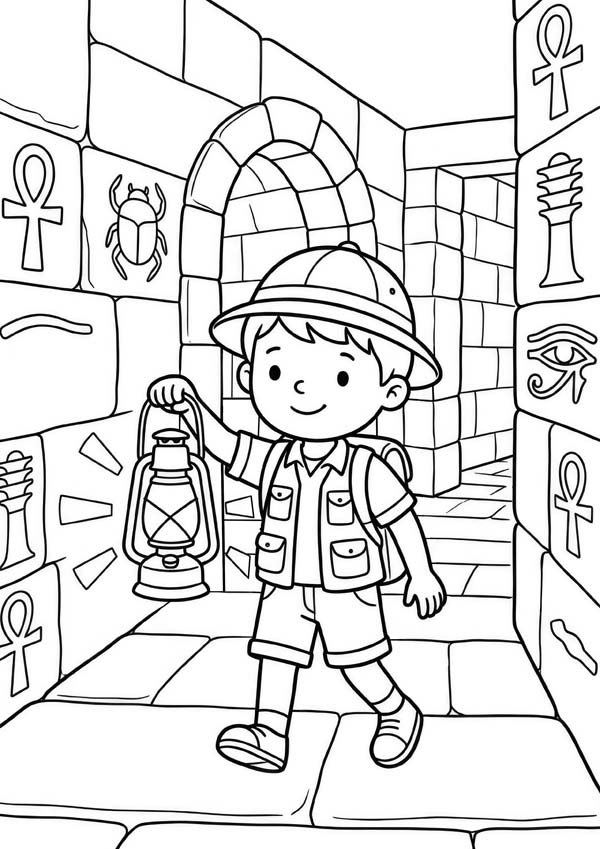 Ausmalbild mit einem Kind, das mit einer Laterne eine ägyptische Grabkammer voller Hieroglyphen erkundet
