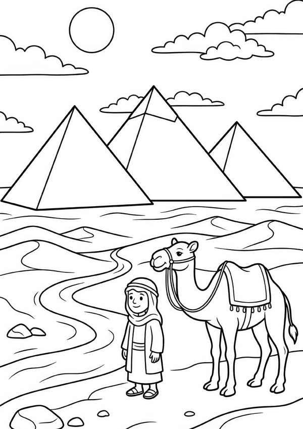 Ausmalbild mit einem Kind und einem Kamel vor den ägyptischen Pyramiden am Nil