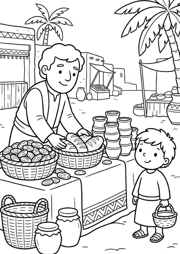 Ausmalbild mit einem Kind an einem ägyptischen Marktstand mit Brot, Körben und Tongefäßen