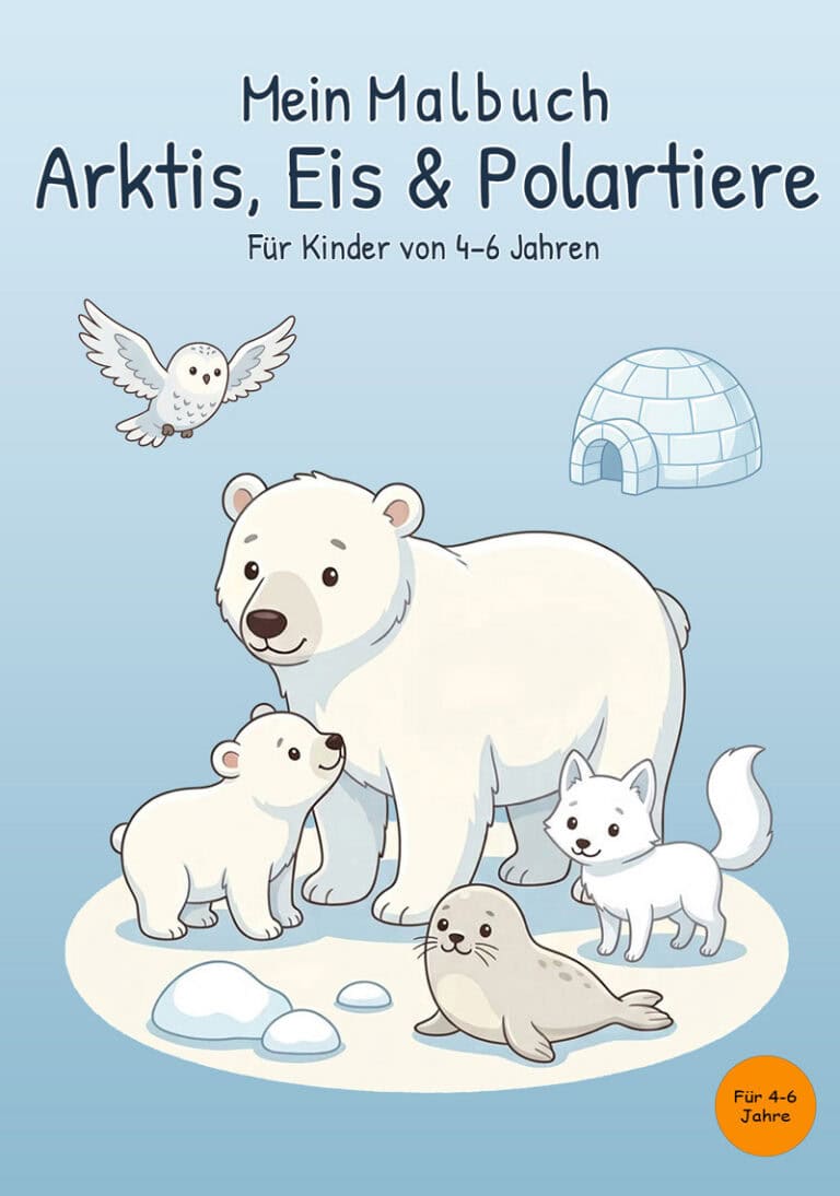 Cover von „Mein Malbuch Arktis, Eis & Polartiere“ mit Eisbär, Jungtier, Polarfuchs, Robbe, Schnee-Eule und Iglu