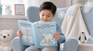 Junge liest „Mein Malbuch Arktis, Eis & Polartiere“ in einem winterlich dekorierten Kinderzimmer