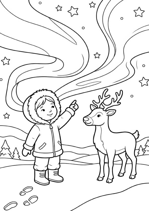 Ausmalbild mit einem Kind und einem Rentier unter leuchtenden Polarlichtern und Sternen