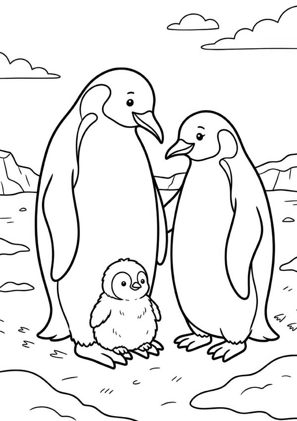 Ausmalbild mit zwei Pinguinen und ihrem Küken in einer eisigen Landschaft