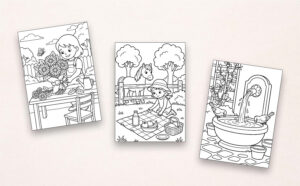 Drei Beispiel-Ausmalbilder aus „Mein Malbuch Blumen & Garten“ mit Blumenstrauß, Picknick neben einem Pony und Gartenbrunnen mit Vögeln
