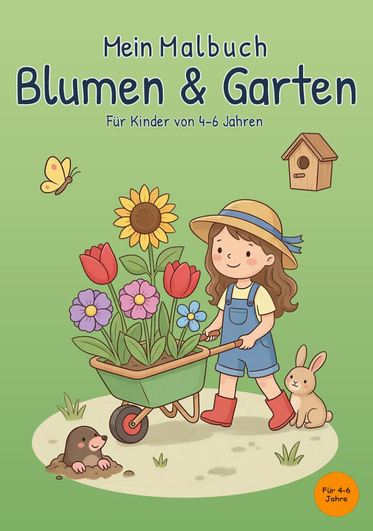 Cover von „Mein Malbuch Blumen & Garten“ für Kinder von 4–6 Jahren mit Kind, blühender Schubkarre, Kaninchen und Maulwurf