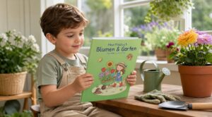 Junge betrachtet „Mein Malbuch Blumen & Garten“ neben Blumen, Gießkanne und Gartengeräten
