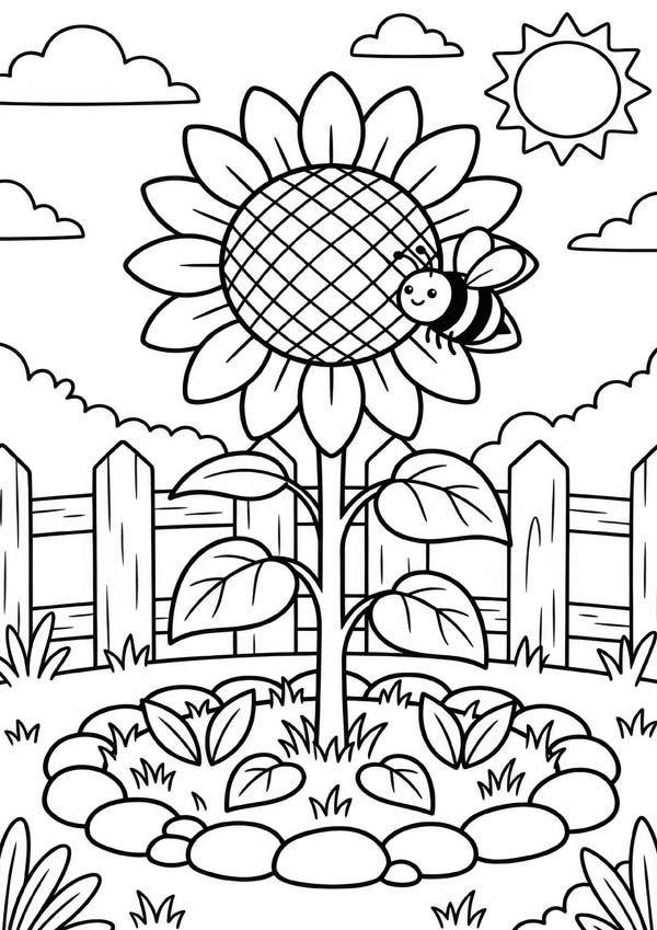 Ausmalbild mit einer Biene an einer großen Sonnenblume in einem sonnigen Garten