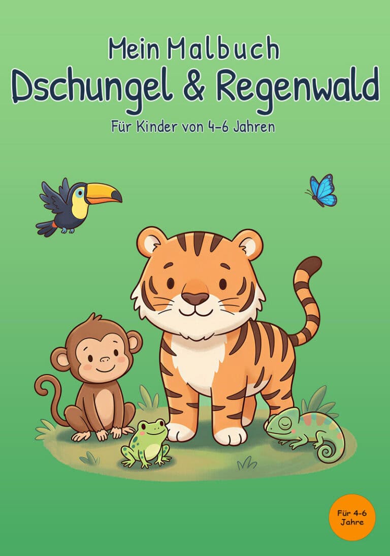 Cover von „Mein Malbuch Dschungel & Regenwald“ für Kinder von 4–6 Jahren mit Tiger, Affe, Frosch, Chamäleon, Tukan und Schmetterling