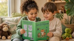 Zwei Kinder lesen gemeinsam „Mein Malbuch Dschungel & Regenwald“ auf einem Sofa zwischen einem Affen-Kuscheltier und einem Plüschfrosch