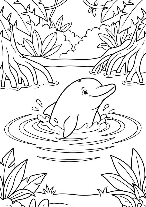Ausmalbild mit einem Flussdelfin im Wasser zwischen tropischen Pflanzen und Baumwurzeln