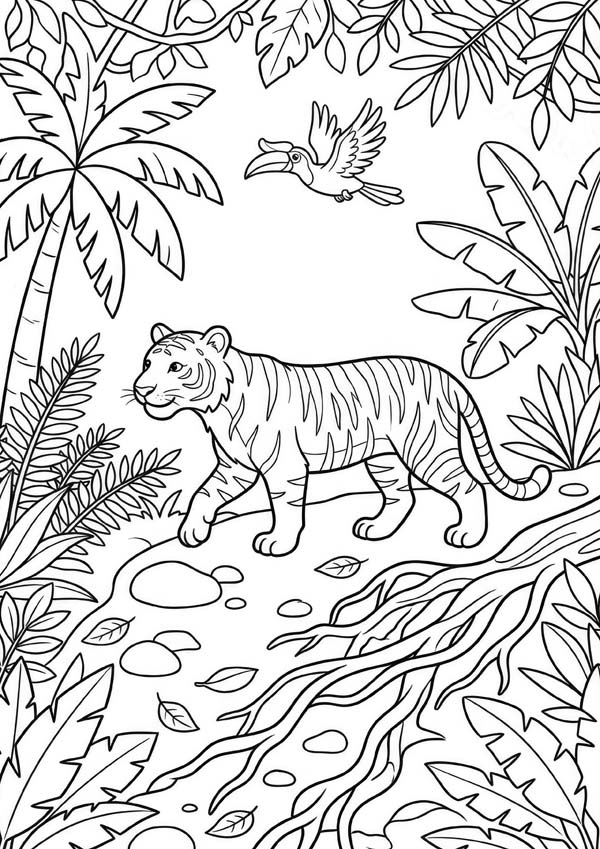 Ausmalbild mit einem Tiger und einem fliegenden Tukan zwischen tropischen Pflanzen im Regenwald