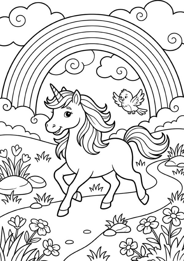 Ausmalbild mit einem Einhorn unter einem Regenbogen und einem fliegenden Vogel in einer Blumenlandschaft