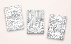 Drei Beispiel-Ausmalbilder aus „Mein Malbuch Einhörner, Feen & Zauberwelten“ mit Schloss über den Wolken, Einhorn an einem magischen Wasserfall und Fee mit Kind vor einem Sternentor