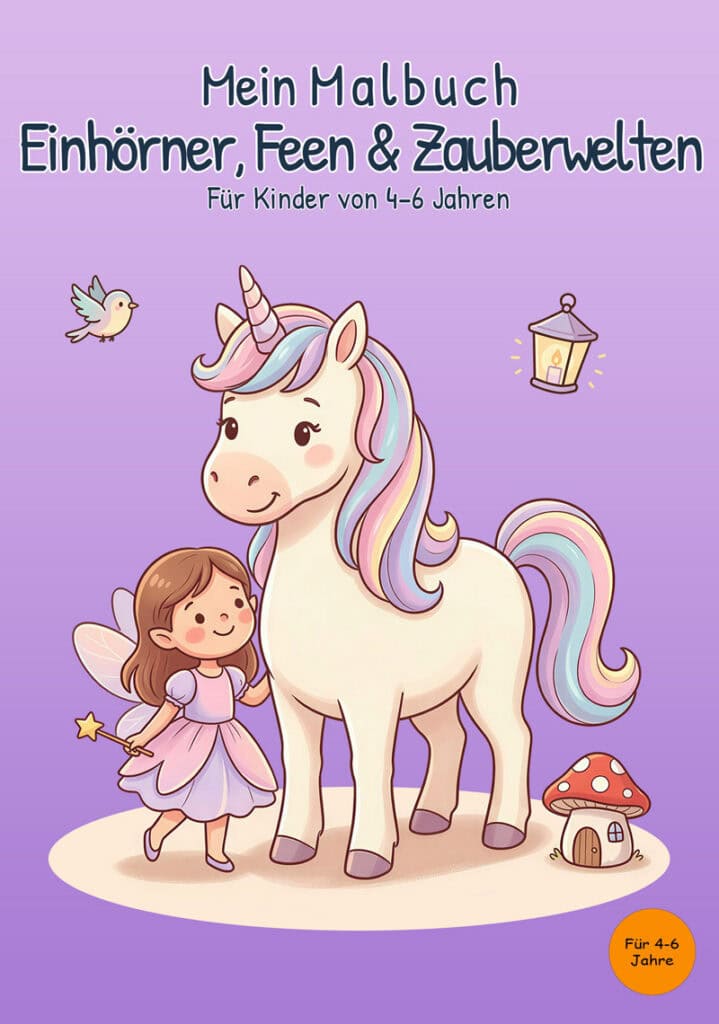 mein-malbuch-einhoerner-feen-zauberwelten-cover-vorderseite Cover von „Mein Malbuch Einhörner, Feen & Zauberwelten“ für Kinder von 4–6 Jahren mit Einhorn, kleiner Fee, Vogel, leuchtender Laterne und Pilzhaus