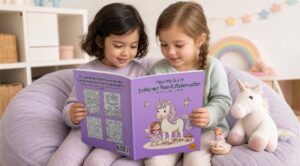 Zwei Mädchen lesen gemeinsam „Mein Malbuch Einhörner, Feen & Zauberwelten“ auf einem lilafarbenen Sitzsack neben einem Einhorn-Kuscheltier und einer kleinen Feenfigur