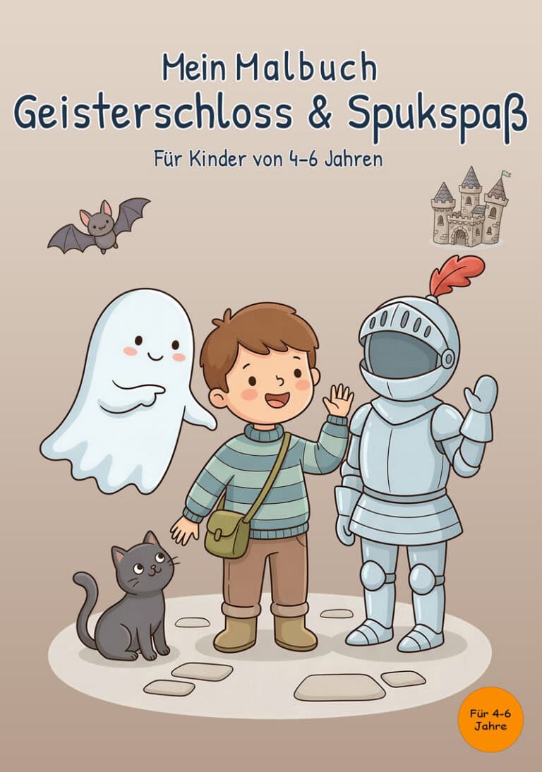 Cover von Mein Malbuch Geisterschloss & Spukspaß mit Geist, Kind, Ritterrüstung und Katze