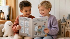 Zwei Kinder lesen gemeinsam Mein Malbuch Geisterschloss & Spukspaß für Kinder von 4–6 Jahren