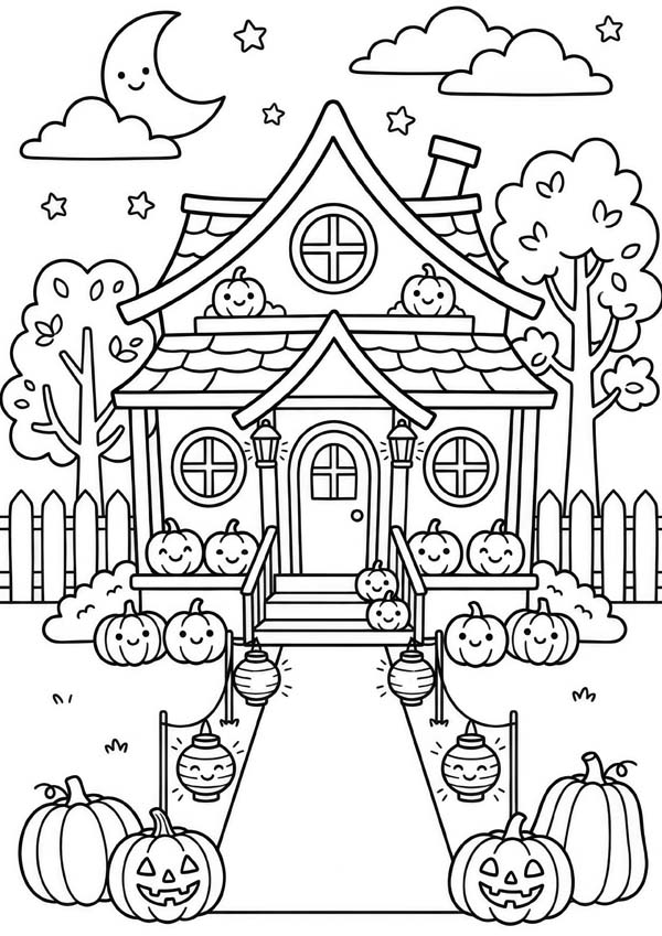 Ausmalbild mit einem geschmückten Halloween-Haus, vielen Kürbissen, leuchtenden Laternen und Mond am Nachthimmel