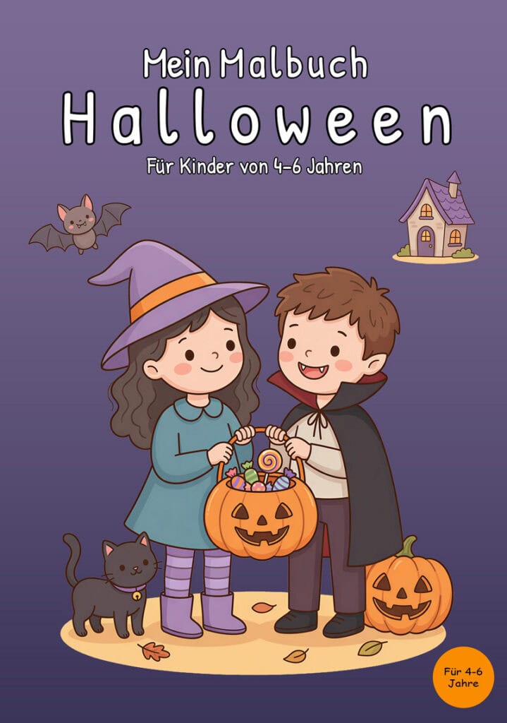 mein-malbuch-halloween-cover Violettes Cover von „Mein Malbuch Halloween“ mit einem als Hexe verkleideten Mädchen und einem Vampirjungen, die einen Kürbiseimer mit Süßigkeiten halten; daneben stehen eine schwarze Katze und eine Kürbislaterne