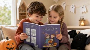 Ein Junge im orangefarbenen Pullover und ein Mädchen mit geflochtenen Haaren lesen gemeinsam „Mein Malbuch Halloween“ auf einem Sofa; daneben stehen eine Kürbislaterne und eine schwarze Fledermaus-Plüschfigur