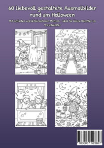 Rückseite von „Mein Malbuch Halloween“ mit vier Beispielmotiven