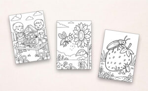 Drei Beispiel-Ausmalbilder aus „Mein Malbuch Insekten & Krabbeltiere“ mit Insektenhotel, Biene an Sonnenblume und Käfern auf einer Erdbeere
